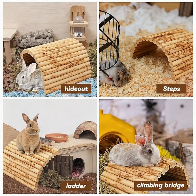 Large Bunny Wooden Hideout Bridge,Flexible Rabbit Tunnel Wood Small Animal Chew Climbing Toys Ladder Ramp Hut for Guinea Pig, Chinchillas, Hedgehogs, Ferrets, Rat(19.6 x 11.8 in)