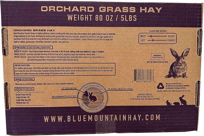 Blue Mountain Hay | Fresh Orchard Grass Hay (5 Pounds) | High Fiber, Soft & Leafy | High-Altitude Hay Pet Food for Rabbits, Guinea Pigs, Chinchillas, Hamsters, and Other Small Pets