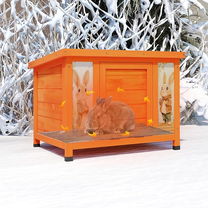 COZIWOW 25" Solid Wood Insulated Small Animal House, Heated Outdoor/Indoor Cat House Rabbit Cage with Warm Liner, Lightweight Pet Shelter with Colorful Prints for Cats, Rabbits (Orange, Winter Warm)