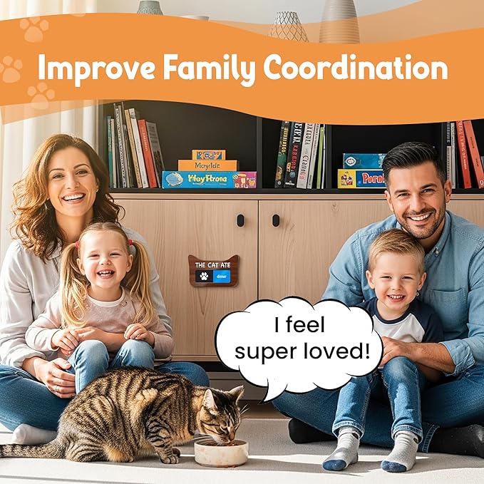 Cat Feeding Reminder Supplies with Magnet, Pet Meal Tracker with The Cat Ate, Acrylic Unique Ear Shape 2 Area Feed Sign with Breakfast and Dinner, Beech with 2 Stickers, 4.7" x 3", 1 Pack