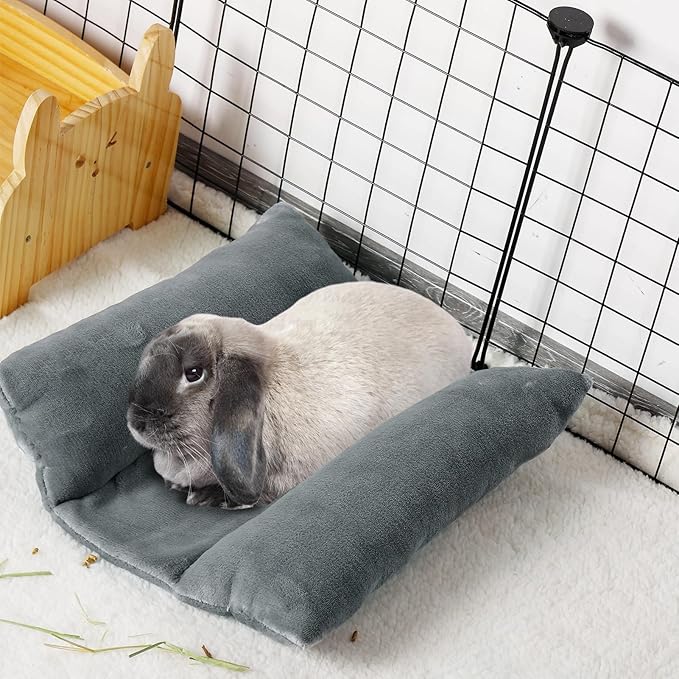 MEWTOGO 14" x 13" Bunny Bed for Rabbit Cage - Thickened Soft Prevent Sore Hocks Plush Mat with Cotton Lounger Pillows, Small Animal Flop Mat for Hutch Sleeping Indoor, Gray