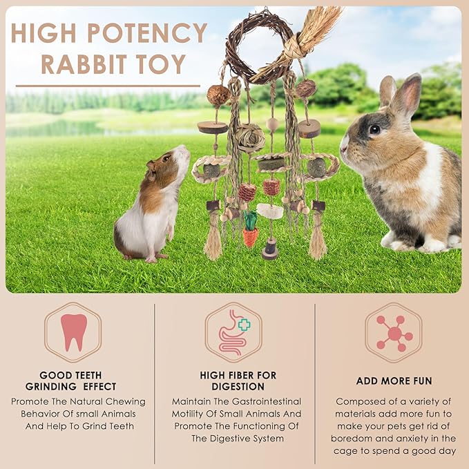 Bissap Bunny Chew Toy, Rabbit Cage Hanging Chewing Toy Treat Christmas Grapevine Wreaths Rattan Ring with Snack Water Grass for Guinea Pig Chinchilla Hamster Rat and Other Small Pet Teeth Grinding