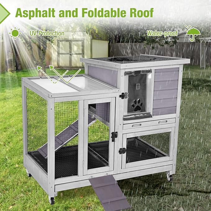 Indoor Rabbit Bunny Hutch Outdoor, Guinea Pig Cages with Removable Bottom Wire Netting - Easy Clean