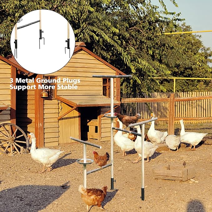 Extra Large Chicken Perch Toy for Coop,Durable Wooden Chicken Perch Stand with 3 Metal Ground Plug,Outdoor Bird Playground Toy,Chicken Coop Accessories for Poultry Rooster Cockatiels Lovebirds