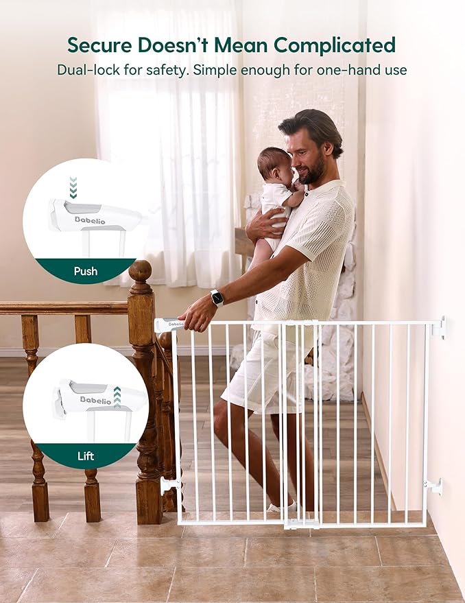 Babelio Baby Gate for Stairs, Kitchen & Doorways, No Bottom Bar| Easy Installation| One-Handed Operation| Auto-Close| Hardware Mount (Drill Needed) Safety Dog Gate (White - B17, 34" H, 29-49" W-Wide)