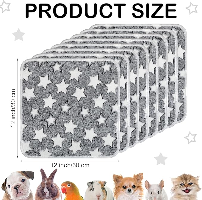 Tudomro 8 Pcs Guinea Pig Blankets Absorbent Washable Animal Fleece Bedding Cage Liners Waterproof Reusable Pet Pee Sleep Mat Pad Cover for Chinchilla Hamster Ferret(Grey Star,12 x 12 Inch)