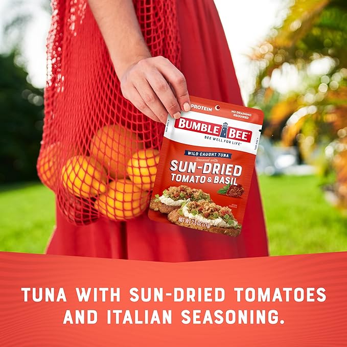 Bumble Bee Sun-Dried Tomato & Basil Seasoned Tuna, 2.5 oz Pouches (Pack of 12) - Ready to Eat - Wild Caught Tuna Packet - 15g Protein per Serving - Gluten Free