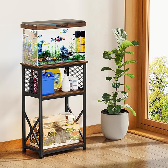 Snughome 10 Gallon Aquarium Stand with Storage, 3 Tier Heavy Metal Fish Tank Stand Shelf 20.47" x 11.42" x 30.91", Rustic Brown
