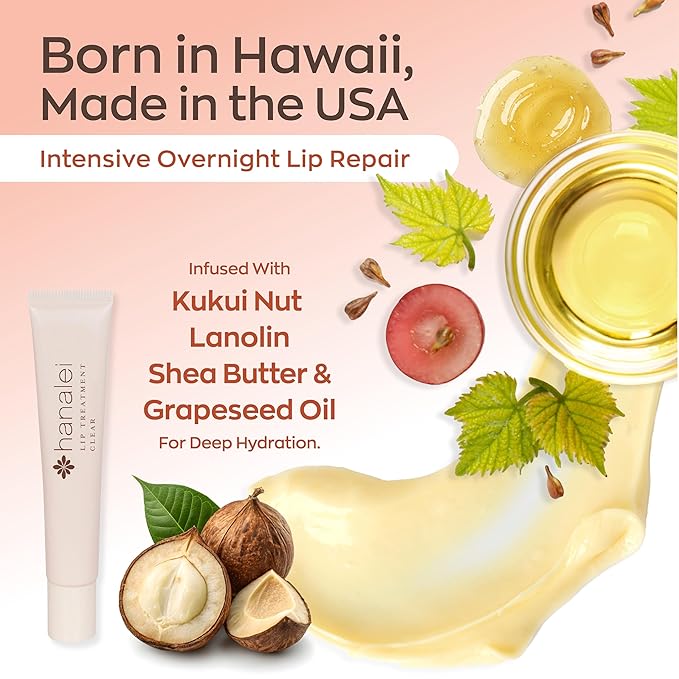 Hanalei Lip Treatment for Dry, Chapped Lips – Intensive Overnight Moisturizer with Kukui Oil, Shea Butter & Grapeseed Oil – Hydrating Balm for Healing Cracks – Natural Nude Tint, 15g – Cruelty-Free