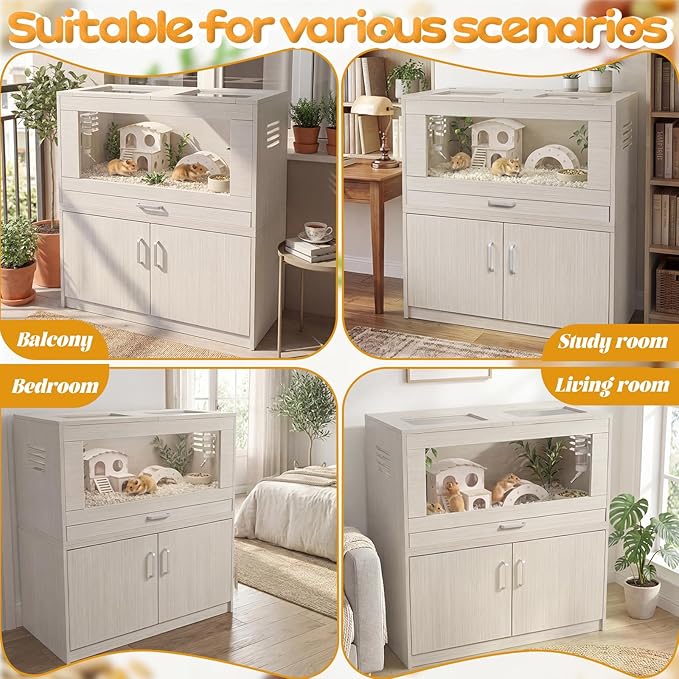 Hamster Cage with Storage Cabinet Detachable, Large Wooden Small Animal Habitat with Easy-Clean Drawer & Acrylic Panels for Guinea Pig, Rabbit, Hedgehog, Chinchilla, Beige