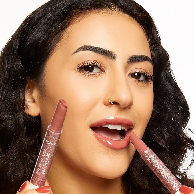 tarte maracuja juicy lip plump bestsellers duo – Hydrating Volumizing Shimmer Lip Plumper Balm, Plumps & Moisturizes, Vegan & Cruelty-Free, full size, dahlia & rosy copper shimmer glass