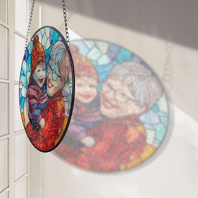 LOVELYPOD Custom Grandma and Grandkids Faux Stained Glass Sun Catcher, Personalized Family Portrait Window Hanging, Gifts for Grandma, Mom Photo Gifts, Custom