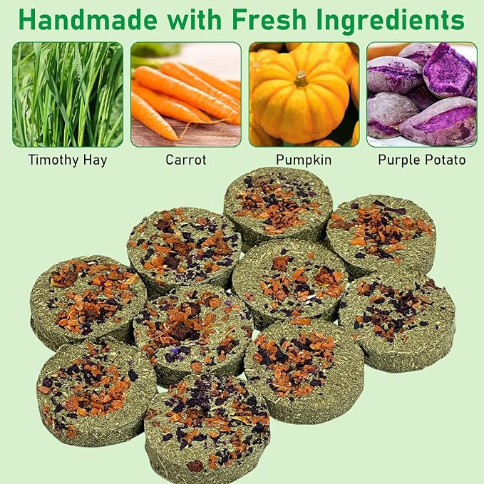 Fhiny 24 PCS Rabbit Chew Toys, Natural Timothy Hay Carrot Pumpkin Purple Potato Biscuit Cubes Bunny Chew Treats for Teeth Care Small Animals Molar Snacks for Hamster Guinea Pig Chinchilla Rat