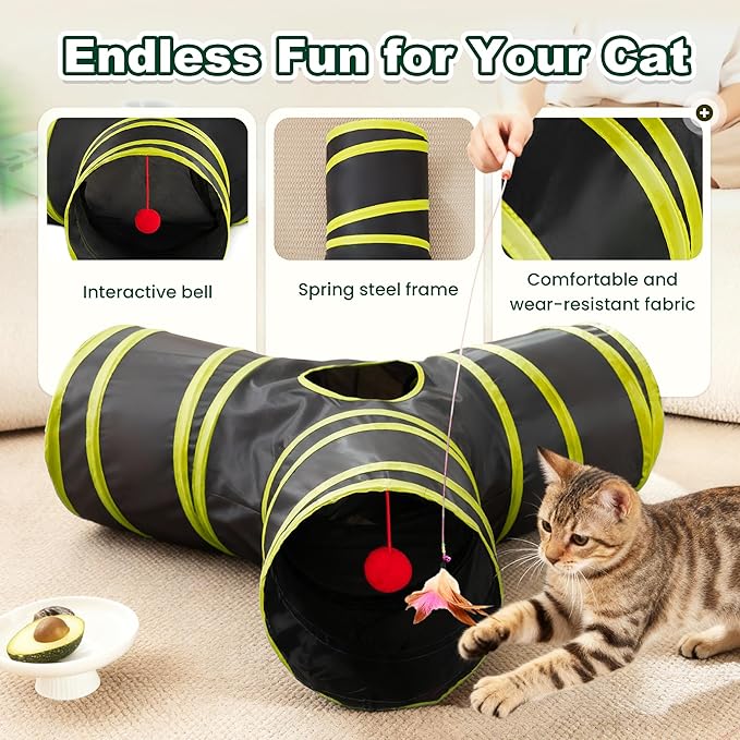 Love's cabin Cat Tunnels for Indoor Cats, Cat Tube Toys 3 Way Collapsible, Pet Play Tunnel with Peek Hole Toy Ball for Kitty, Kitten, Rabbit, Black&Yellow, Small Size (23.6"X13"X11")