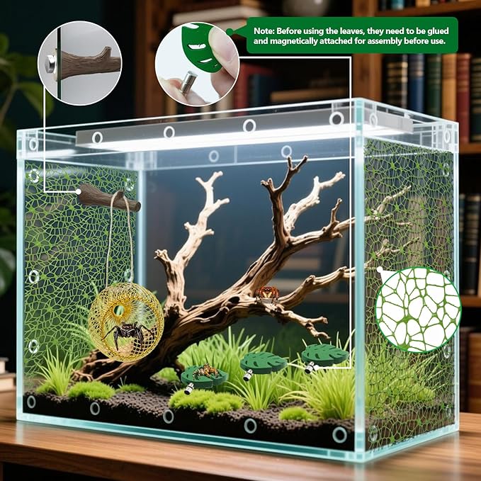 Jumping Spider Enclosure Accessories,Hemp Rope、Spider Hide、Leaf-Shaped Jumping Platform、Branch Hook、Climbing Net、Powerful Magnets and Adhesive.
