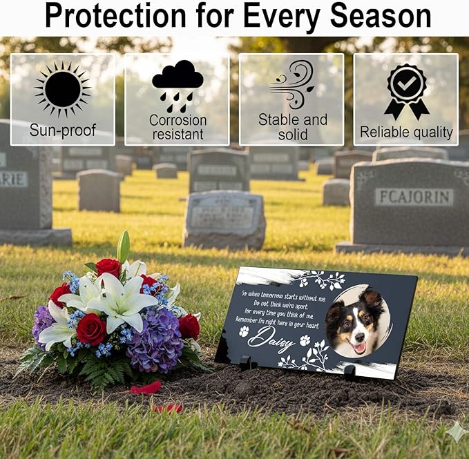 Personalized Dog Headstone Printed in The US, Dog Tombstone for Indoor and Outdoor, Customized Pet Memorial Stone with Photo, Name and Date for Beloved Pet, Black Granite