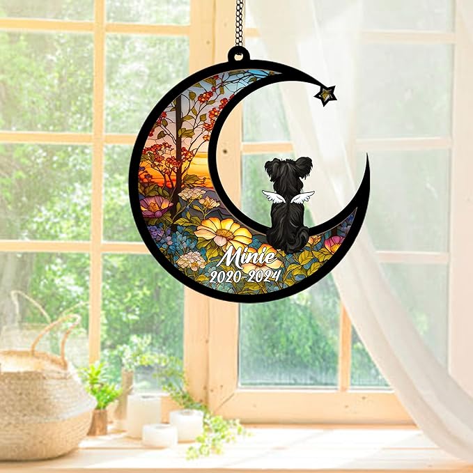 Personalized Yorkshire Terrier (Black) Sun Catcher, Dog Memorial Gifts, Custom Yorkshire Terrier (Black) with Wings Ornament Christmas Tree, Loss of Dog Sympathy Gift Memorial Suncatchers