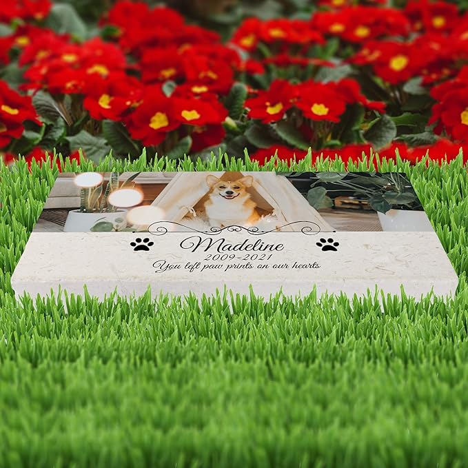 Custom Dog Memorial Stone, Personalized Pet Headstones for Dogs, Outdoor Pet Grave Markers with Photo Print and Text, Loss of Pet Sympathy Gift, 12”x6”x1.25" Pet Grave Stone (C. Madeline Design)