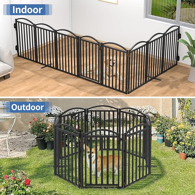 Malier Metal Freestanding Dog Gates with Door, 32'' Height Outdoor Indoor Dog Fences, Extra Wide Foldable Puppy Gate for Stairs (Black, 【8 Panels with Door】 160''W × 32''H)
