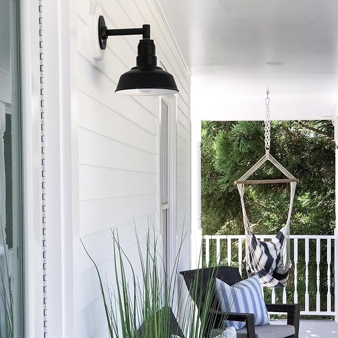 Steel Lighting Co. | Dusk to Dawn | Hawthorne Barn Light | Outdoor Wall Mounted | 8 in Dome | 16 inch Gooseneck| Small Farmhouse Light Made in America | Cream/Brass