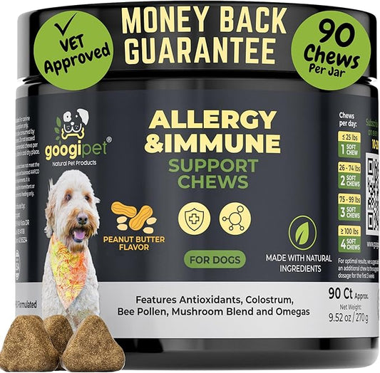 Googipet Dog Allergy Chews, Seasonal Dog Allergy Relief & Itchy Skin Relief, Skin & Coat Supplement +Bee Pollen, Colostrum, Coconut Oil, Probiotics, & Omega 3 Fish Oil for Dogs (Peanut Butter Flavor)