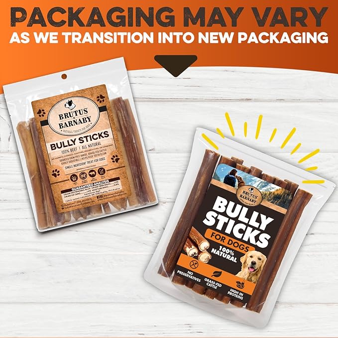 BRUTUS & BARNABY Bully Sticks for Dogs, 12" – Low-to-No Odor, Grass-Fed, Rawhide-Free Chews for Aggressive Power Chewers