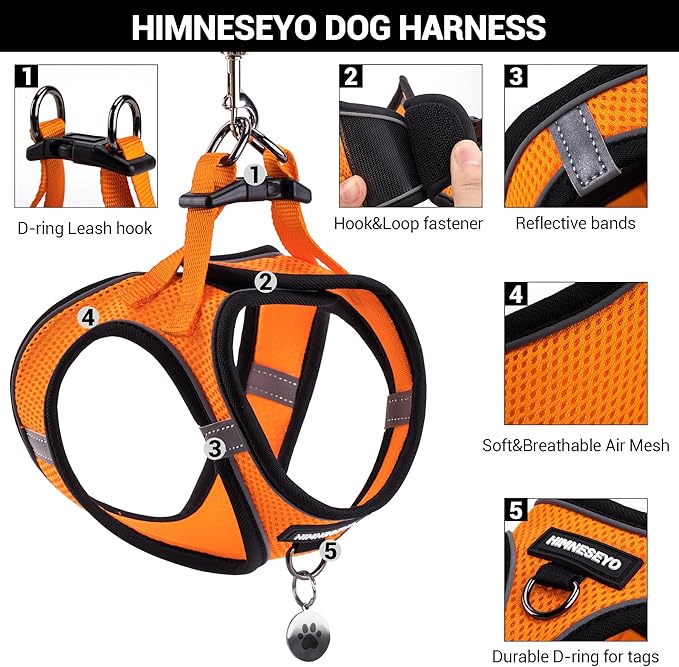Dog Harness and Leash Set, Dog Harness for Dogs No Pull, No-Chock Step-in Reflective Breathable Lightweight Easy Walk Vest Harnesses with Safety Buckle for Small Medium Dogs, Cats (Orange, S)