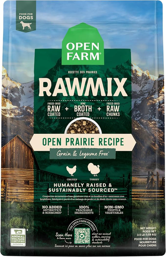 Open Farm, RawMix Grain-Free Dry Dog Food, Protein-Packed Kibble Coated in Bone Broth with Freeze Dried Raw Chunks, Chicken & Turkey, Open Prairie Recipe, 3.5lb Bag