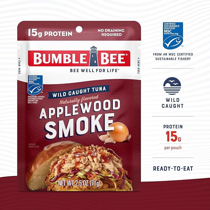 Bumble Bee Applewood Smoke Seasoned Tuna, 2.5 oz Pouches (Pack of 12) - Ready to Eat - Wild Caught Tuna Packet - 15g Protein per Serving - Gluten Free