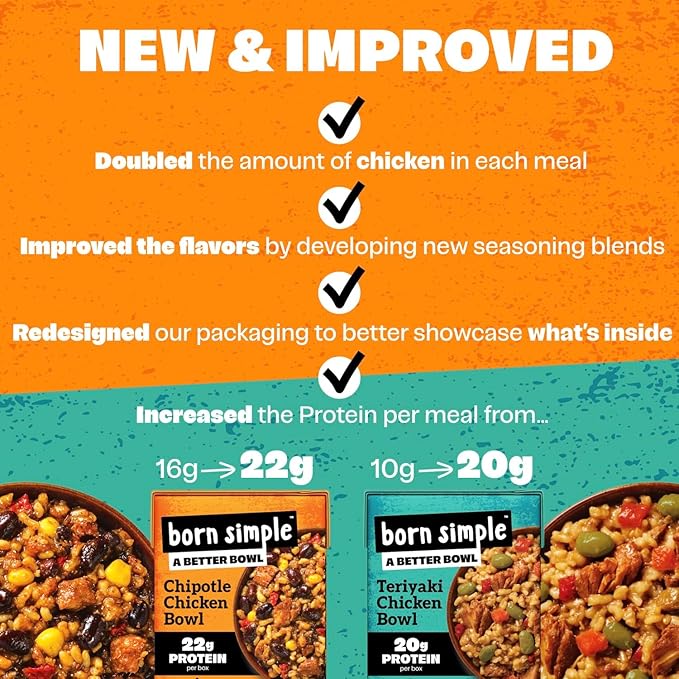 Born Simple Ready to Eat Meals, Variety Pack |Includes 4 Teriyaki Chicken & 4 Chipotle Chicken |IMPROVED RECIPE - High Protein, Prepared Meal, Microwavable Entree, 11 oz (Pack of 8)