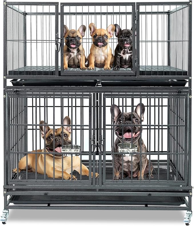 Homey Pet 43 Inch Metal Wire Dog Whelping Box for Puppies + Stackable Heavy Duty Dog Crate Cage Kennel with Wheels, Divider, Plastic Floor Grid and Tray for Medium/Small Sized Dogs