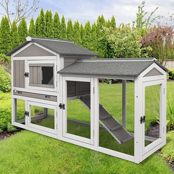 Rabbit Hutch Indoor Bunny Cage Outdoor Bunny Hutch with Pull Out Tray, Wooden Large Rabbit Cage with Run Weatherproof Roof, Guinea Pig Hutch (Grey, 55.1" L x 17.7" W x 33.4" H)
