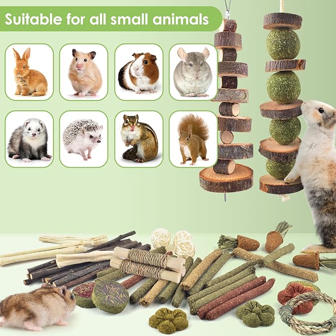 ERKOON Bunny Toys Boredom, 70 PCS Bunnies Timothy Hay Sticks Carrots Rose Grass Cake Dental Care, Molar, Chinchillas Toy Chew Toy, Guinea Pigs, Hamsters, Chinchilla, Rabbit Chew Toys for Teeth