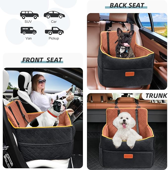 Small Dog Car Seat, Memory Foam Dog Booster Seats with Thick Cushion for Medium Dogs Under 35lbs, Detachable Washable Pet Car Seat Travel Bed with Storage Pockets,2 Safety Belts