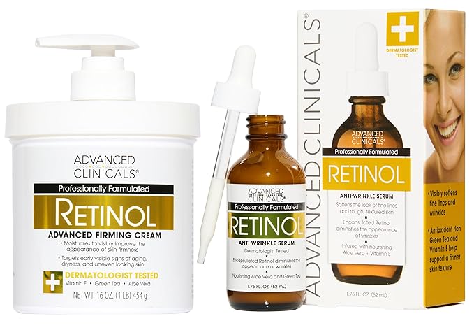 Advanced Clinicals Retinol Body Lotion + Retinol Serum 2PC Skincare Set For Women & Men Helps Diminish Appearance Of Crepey Skin | Face Serum & Body Cream Visibly Improves Look Of Wrinkles & Sagging