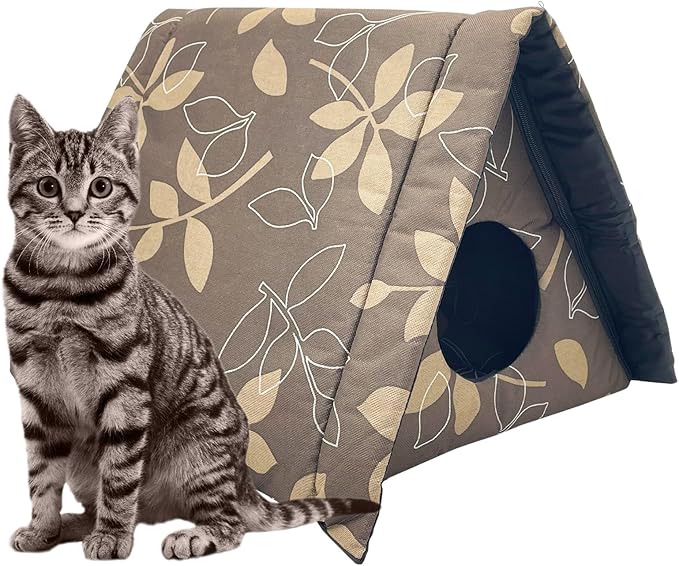 Fhiny Stray Cats Shelter, Waterproof Outdoor Cat House Foldable Warm Pet Cave for Winter Wild Animal Tent Bed Anti-Slip Kitten Cave for Feral Cat Dog Puppy Weatherproof (S, Brown)