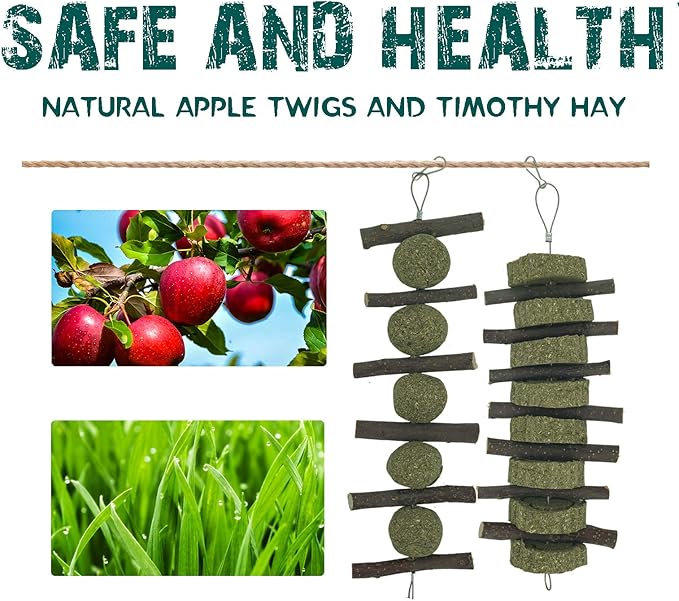 Natural Rabbits Treats Aple Branches pple Sticks with Timothy Hay Balls Grass Cake Hanging Chew Toys for Hamsters,Bunny, Chinchilla,Guinea Pigs