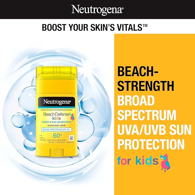Neutrogena Beach Defense Kids Sunscreen Stick SPF 60+, Hawaii Reef Act 104 Compliant, Octinoxate & Oxybenzone Free, Sunscreen for Face & Body, Travel Size Sun Protection, 1.5 oz