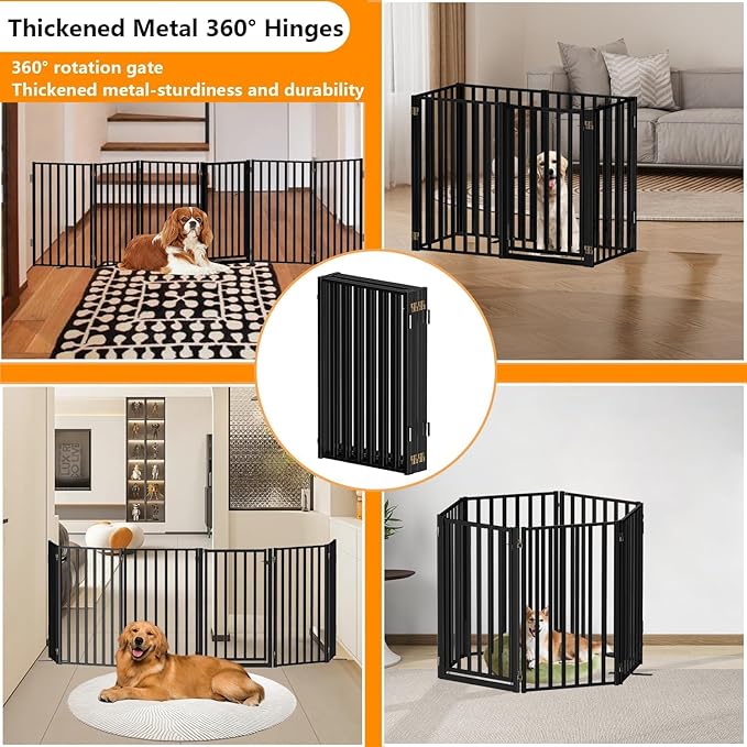 Free Standing Dog Gates with Door 36" Tall Use for Indoor Outdoor Stairs, Freestanding Dog Fence for Doorways Extra Wide, Metal Black 6 Panels