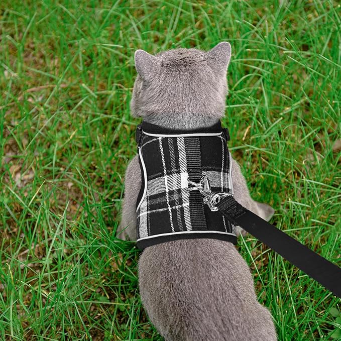 PUPTECK Soft Mesh Cat Vest Harness and Leash Set Puppy Padded Pet Harnesses Escape Proof for Cats Small Dogs Rabbits Bunny, Plaid Black, L