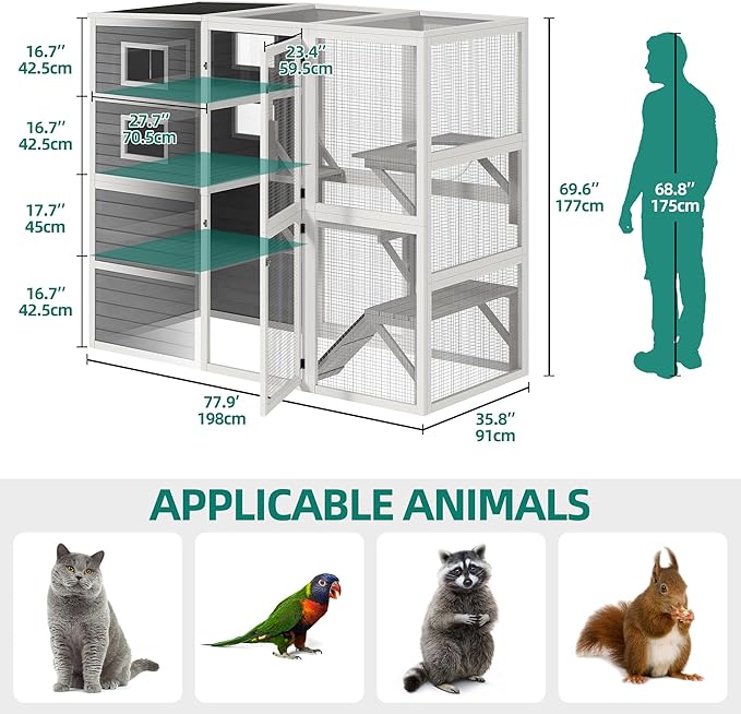 YITAHOME Large Cat Catio 4 Tiers Outdoor Cat Enclosures for Indoor Cats 77.9" Walk in Cats Cage with Weatherproof Roof, 3 Resting Rooms, Scratcher Ramp & Space Capsule Bed, 5 Windows
