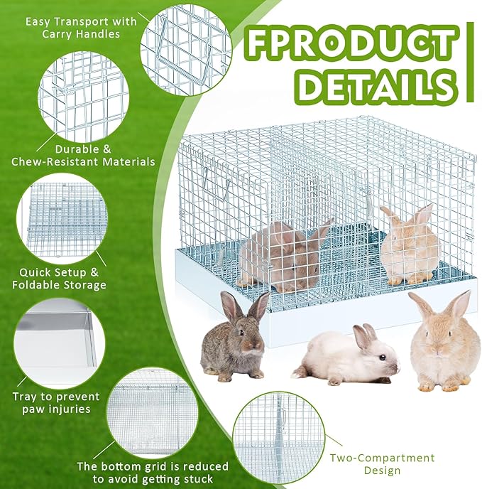 Folding Rabbit Cage, Portable Bunny Carrier with Tray and Handles for Transport, Trave or Temporary Housing, Indoor Outdoor Pet Habitat Animal Enclosure (16 x 14 x 12 in)