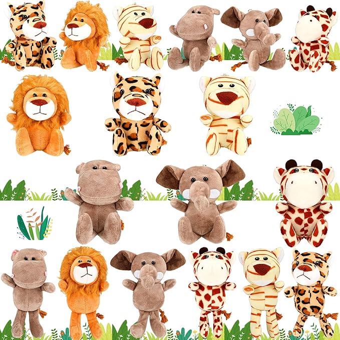 HyDren 18 Pcs Small Safari Stuffed Animals Bulk 4.8 Inch Jungle Animal Mini Plush Toy Lion Tiger Elephant Giraffe Leopard Monkey Figures for Summer, Baby Shower, Birthday Party(Cute Style)