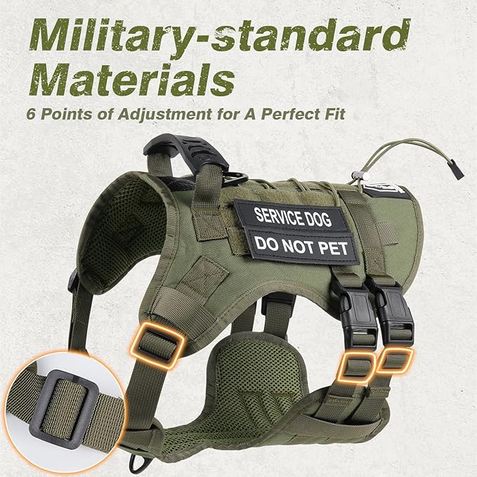 No Pull Tactical Dog Harness for Large Dogs, Escape Proof Molle Dog Vest Harness and Leash Set, Adjustable Military Service Dog Harness with Handle for Medium Large Dogs(Green, M)