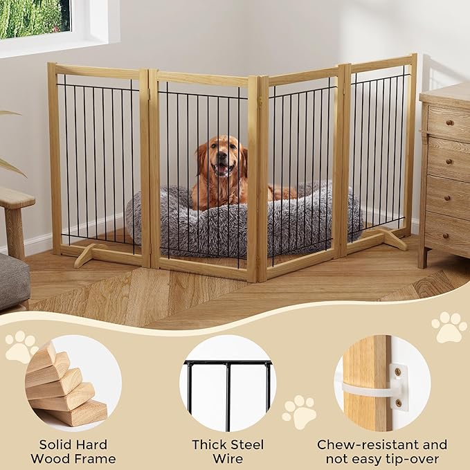 Wire Dog Gate Solid Wood Frame, Anti-Chewing, 4-Panel, 36" Height, 80" Width, Indoor Freestanding Pet Gate Foldable Wooden Dog Fences for Stairs, House, Doorway, Oak Color