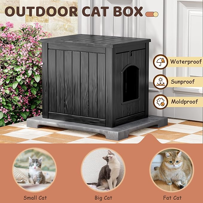 NUNU LAB Cat House for Indoor & Outdoor, Durable PP Plastic Cat Shelter with Easy Assembly & Cleaning, Cozy All-Season Pet House for Cats, Kittens & Small Pets (Black, Large)