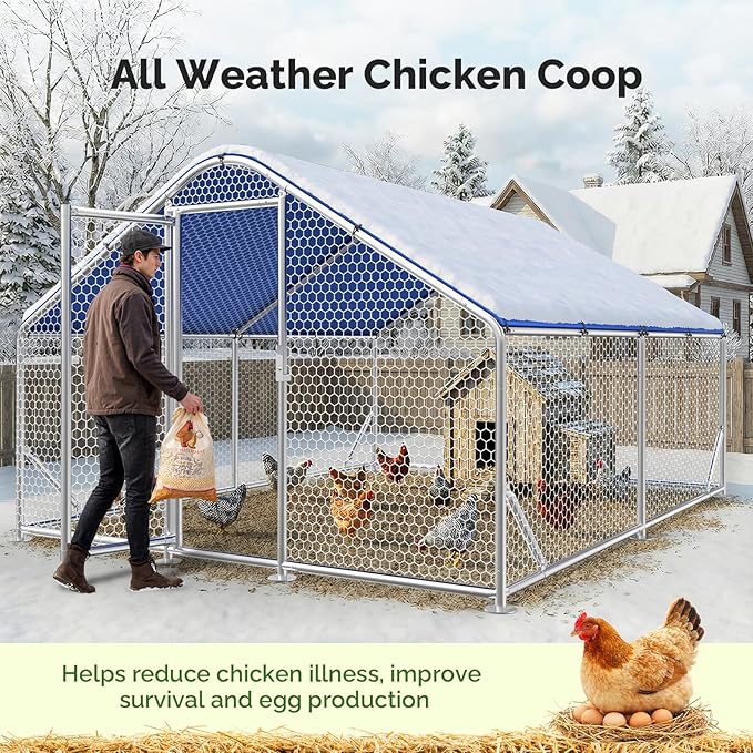 Large Metal Chicken Coop with Hexagonal Chicken Wire, Chicken Coop Run Pen for Yard with Waterproof Cover, Outdoor Large Walk-in Chicken Coops for 20 Chickens Duck Pen House Cage Run