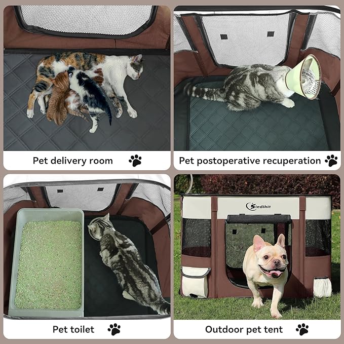 Dog Cat Playpen, Pet Puppy Portable Playpens for Outdoor Travel Crate, Indoor After Surgery Use, Foldable Dog Kennel Tent for Rabbit or Small Animals and Tent Stakes (Brown, Large)