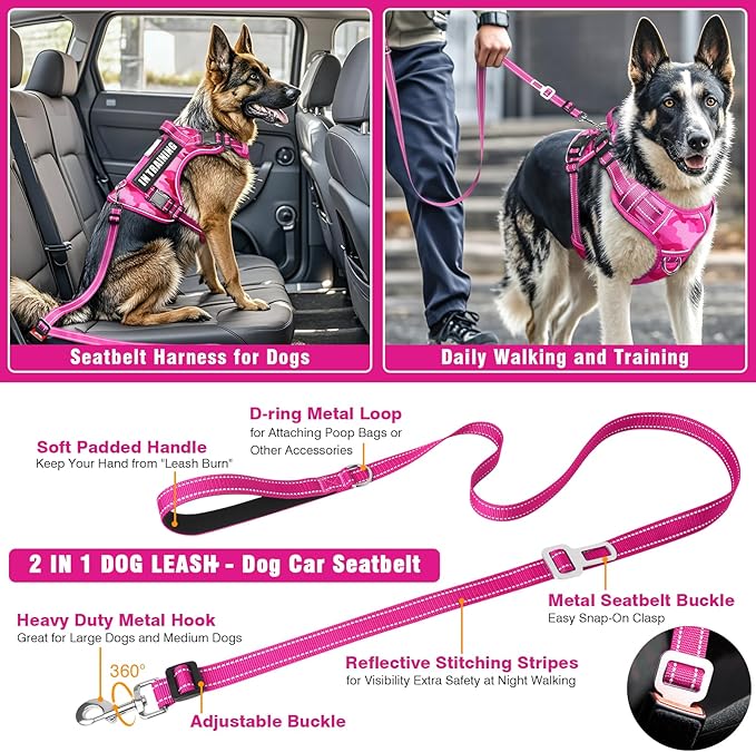 Tactical Service Dog Vest and Leash Set,Heavy Duty No Pull Dog Harness and 10 Patches with Dog Seat Belt for Large Dogs,Reflective Pet Harness for Training Walking Hiking Camo Pink L