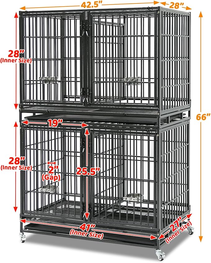 Homey Pet 43 Inch 2 Tiers Dog Crate Cage Kennel with Divider, Stackable Heavy Duty Dog Crate for Large Dogs, Escape Proof Indestructible Dog Kennel Indoor with Removable Tray, Lockable Wheels(4 Packs)